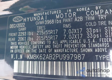 2023 Hyundai Kona Sel from USA, damaged, VIN KM8K62AB2PU997987